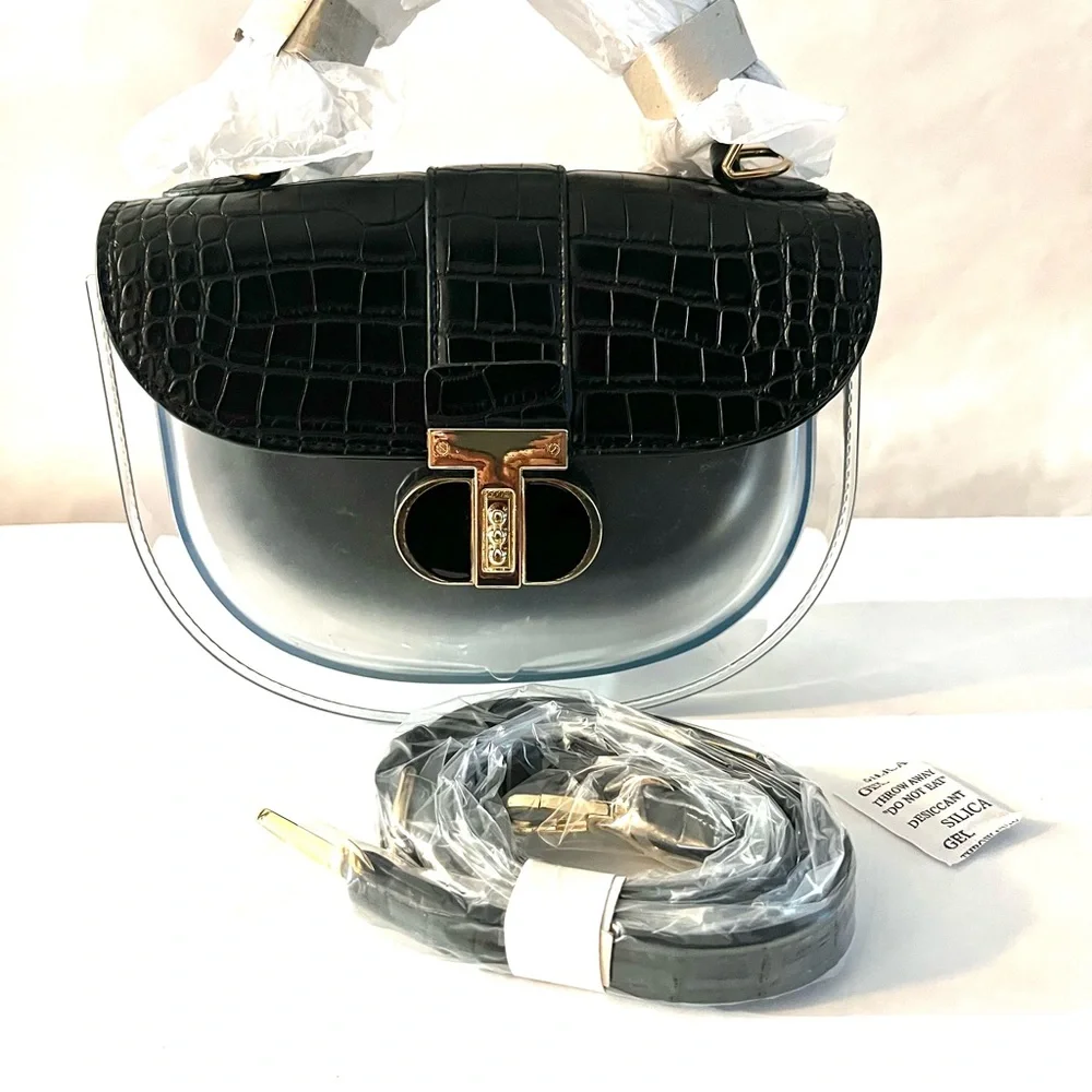 Clear Crossbody with Black Croc-embossed  Accents and Gold Turn Lock - New - Picture 8 of 10
